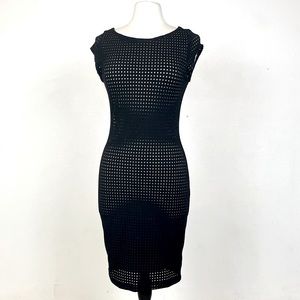 TART COLLECTIONS M black Bodycon LBD midi dress. Black laser cut over tan. EUC